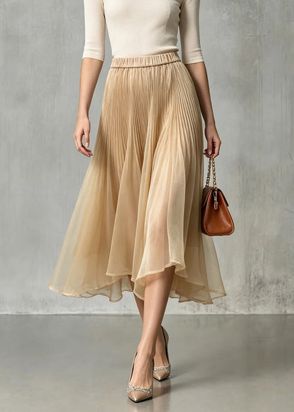 Boutique Khaki Wrinkled Asymmetrical Elastic Waist Tulle Skirt Fall