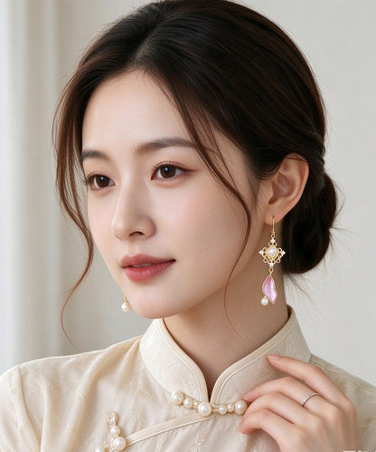 Boutique Leaves Pearl Metal Drop Earrings