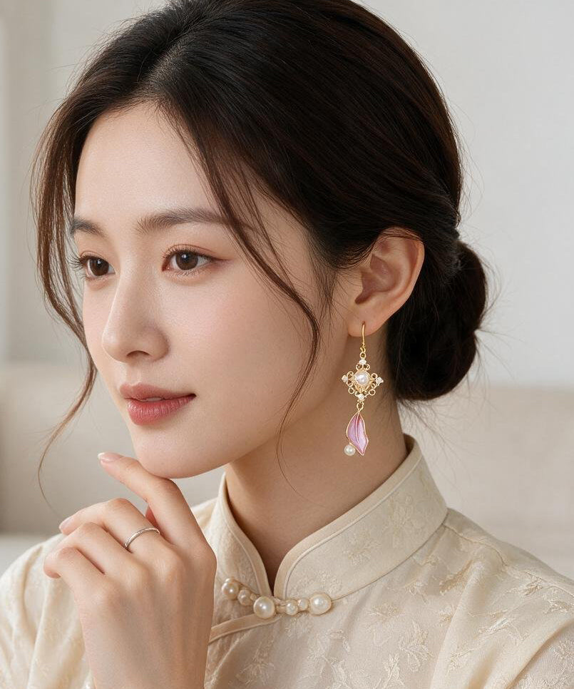 Boutique Leaves Pearl Metal Drop Earrings