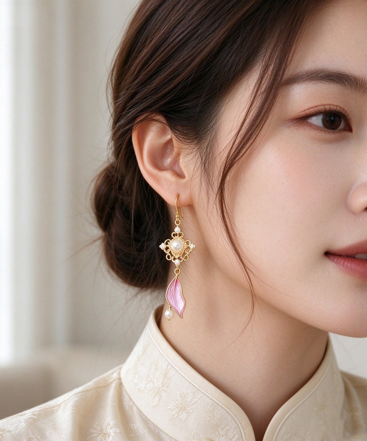 Boutique Leaves Pearl Metal Drop Earrings