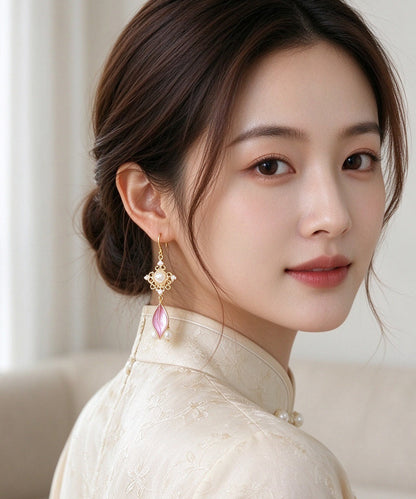 Boutique Leaves Pearl Metal Drop Earrings