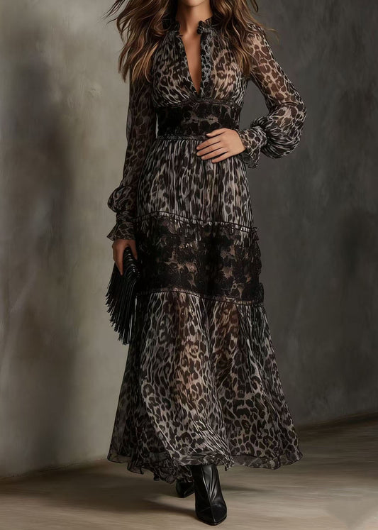 Boutique Leopard V Neck Print Lace Chiffon Ankle Dress Summer