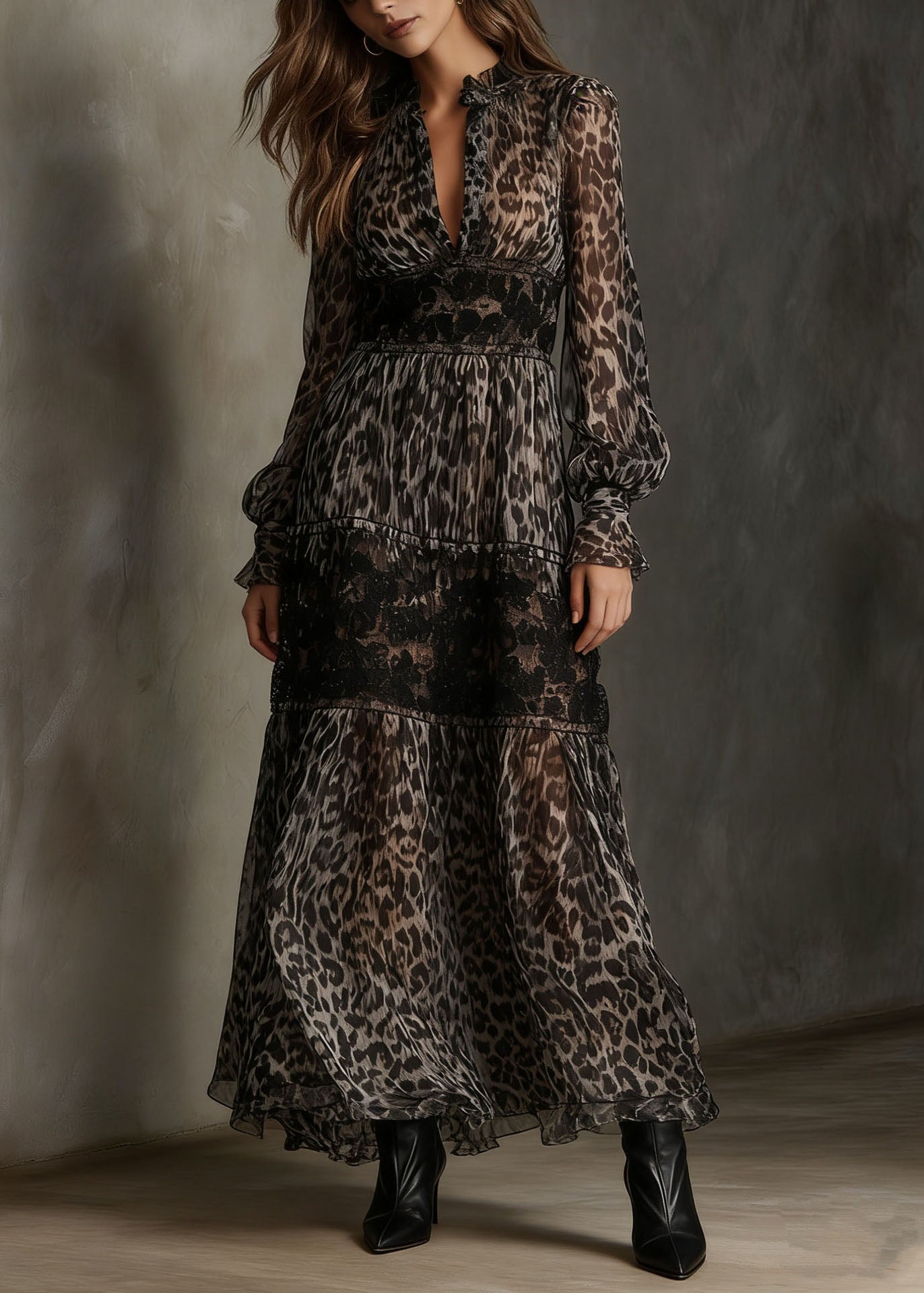 Boutique Leopard V Neck Print Lace Chiffon Ankle Dress Summer