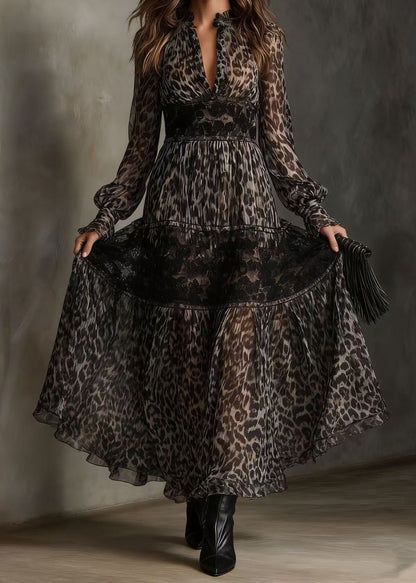 Boutique Leopard V Neck Print Lace Chiffon Ankle Dress Summer