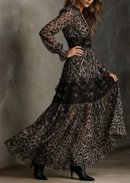 Boutique Leopard V Neck Print Lace Chiffon Ankle Dress Summer