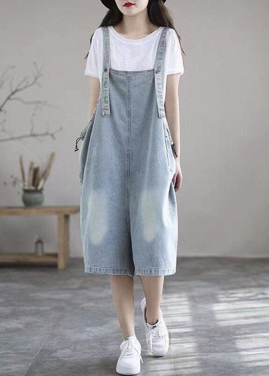 Boutique Light Blue Pockets Denim Half Jumpsuits Summer