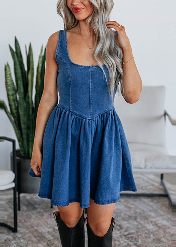 Boutique Light Blue U Neck Patchwork Denim Mid Dress Summer