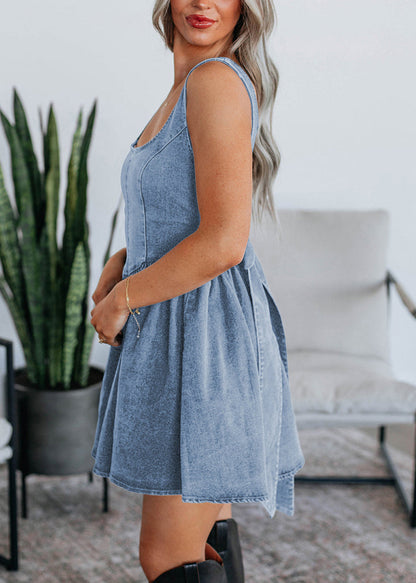 Boutique Light Blue U Neck Patchwork Denim Mid Dress Summer