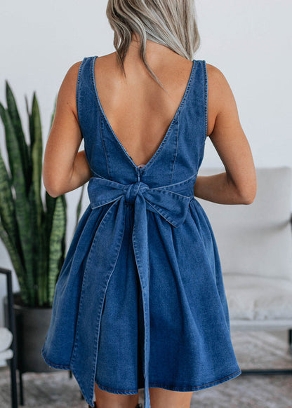 Boutique Light Blue U Neck Patchwork Denim Mid Dress Summer