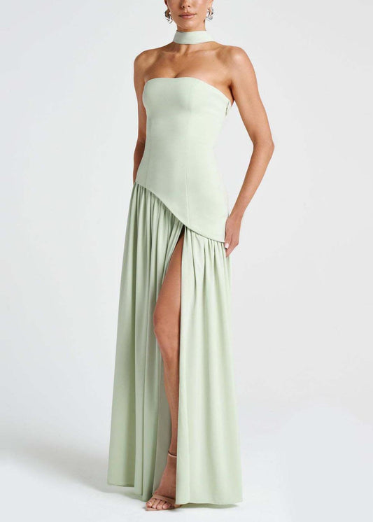 Boutique Light Green Side Open Scarf Strapless Dresses Summer
