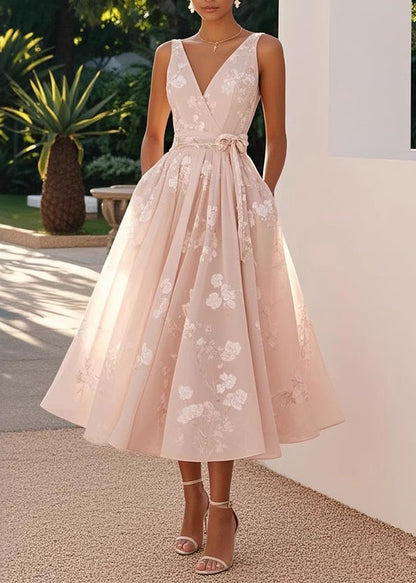 Boutique Light Pink V Neck Print Wrinkled Chiffon Maxi Dresses Sleeveless