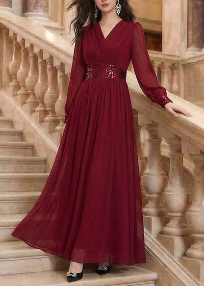 Boutique Mulberry V Neck Sequins Patchwork Chiffon Maxi Dresses Summer