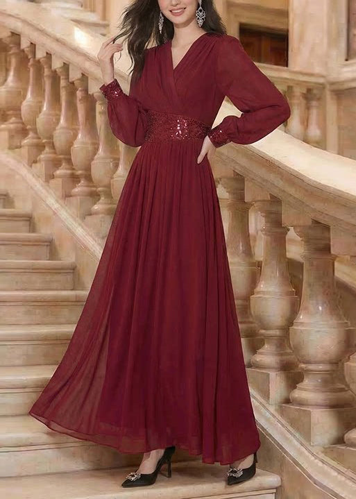Boutique Mulberry V Neck Sequins Patchwork Chiffon Maxi Dresses Summer