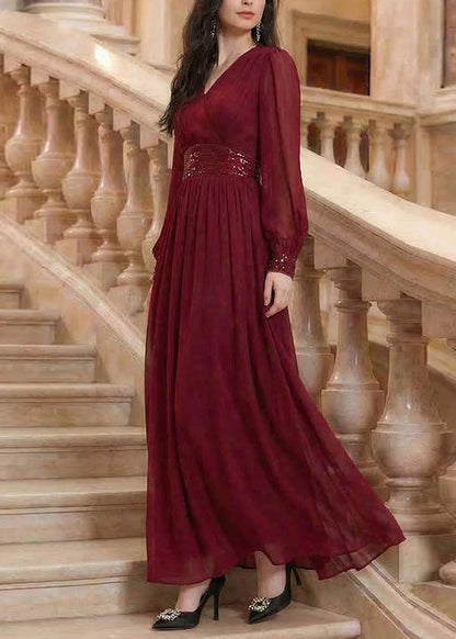 Boutique Mulberry V Neck Sequins Patchwork Chiffon Maxi Dresses Summer