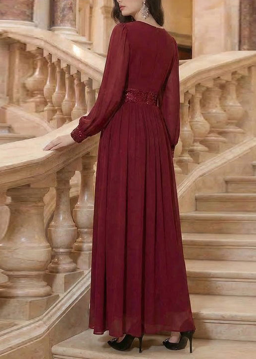 Boutique Mulberry V Neck Sequins Patchwork Chiffon Maxi Dresses Summer
