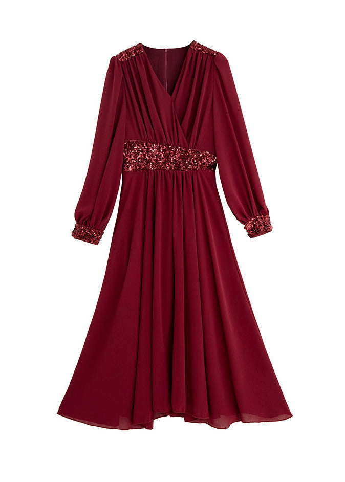 Boutique Mulberry V Neck Sequins Patchwork Chiffon Maxi Dresses Summer