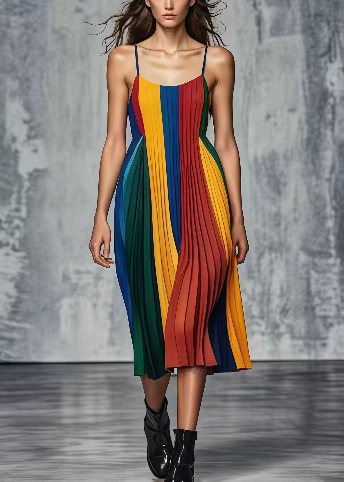 Boutique Multicolor Silm Fit Chiffon Pleated Cami Dress Summer