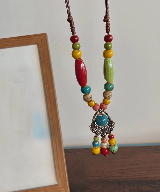 Boutique Multicolor Weave Ceramics Beading Tassel Sweater Pendant Necklace