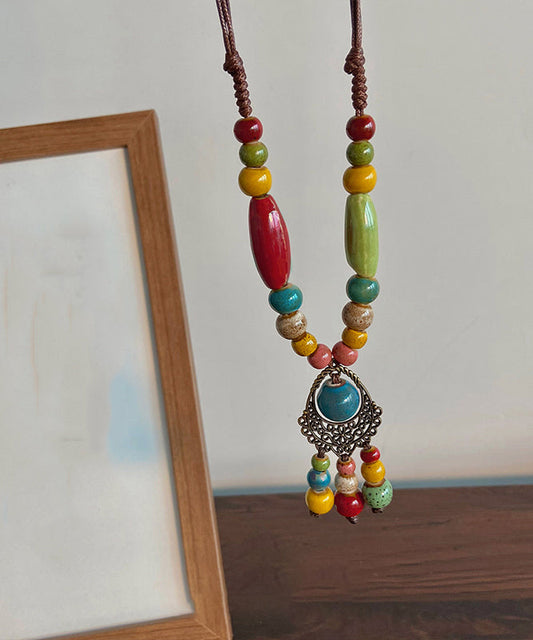Boutique Multicolor Weave Ceramics Beading Tassel Sweater Pendant Necklace
