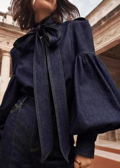 Boutique Navy Bow Denim Shirt Top Lantern Sleeve