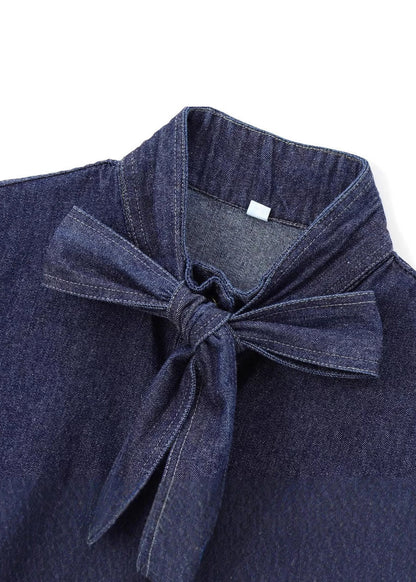 Boutique Navy Bow Denim Shirt Top Lantern Sleeve