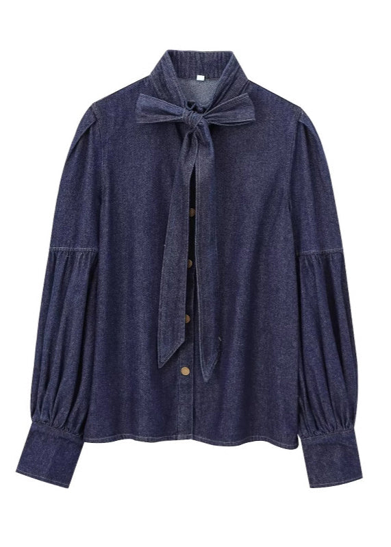Boutique Navy Bow Denim Shirt Top Lantern Sleeve