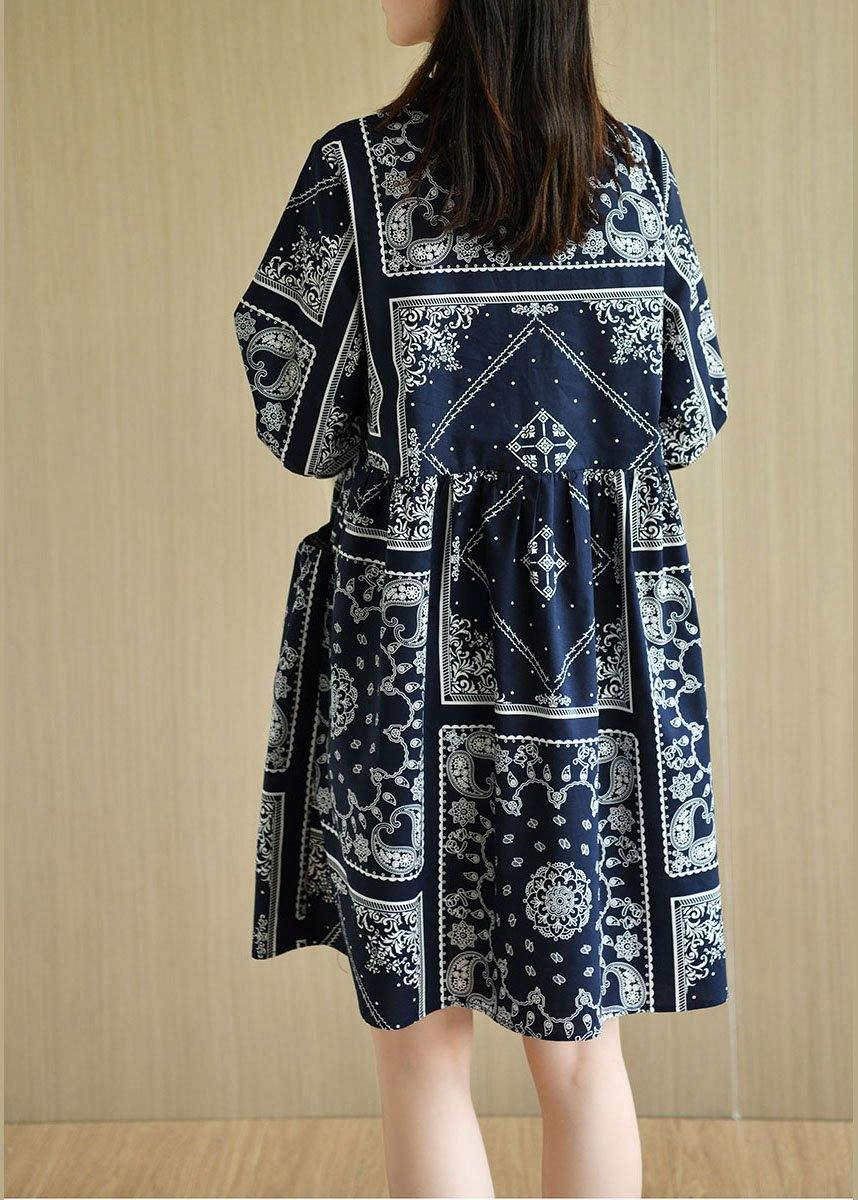 Boutique Navy Loose O-Neck Print Summer Cotton Dress Half Sleeve - SooLinen