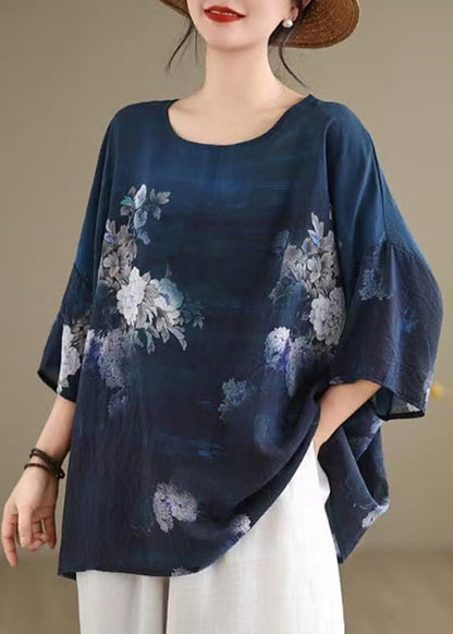 Boutique Navy O Neck Print Cotton T Shirt Top Summer