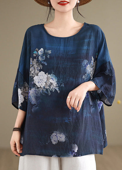 Boutique Navy O Neck Print Cotton T Shirt Top Summer