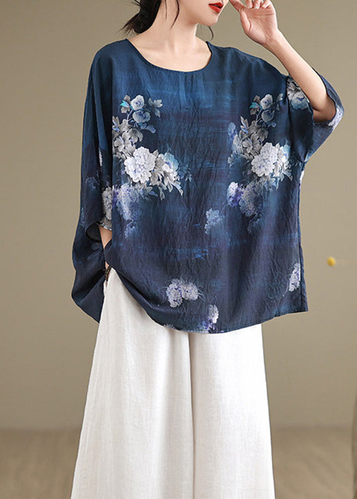 Boutique Navy O Neck Print Cotton T Shirt Top Summer