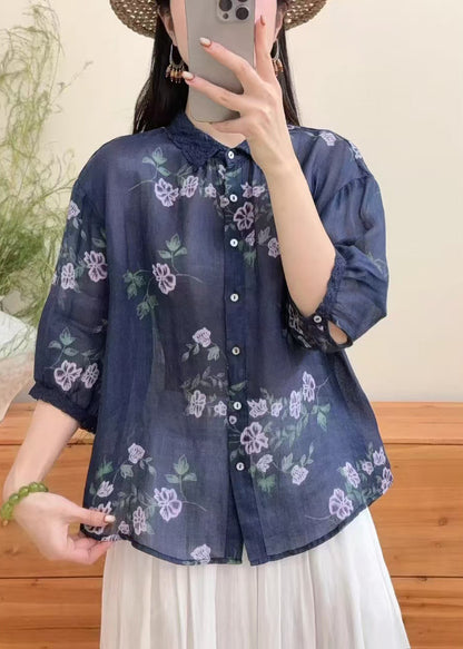 Boutique Navy Oversized Print Linen Top Summer