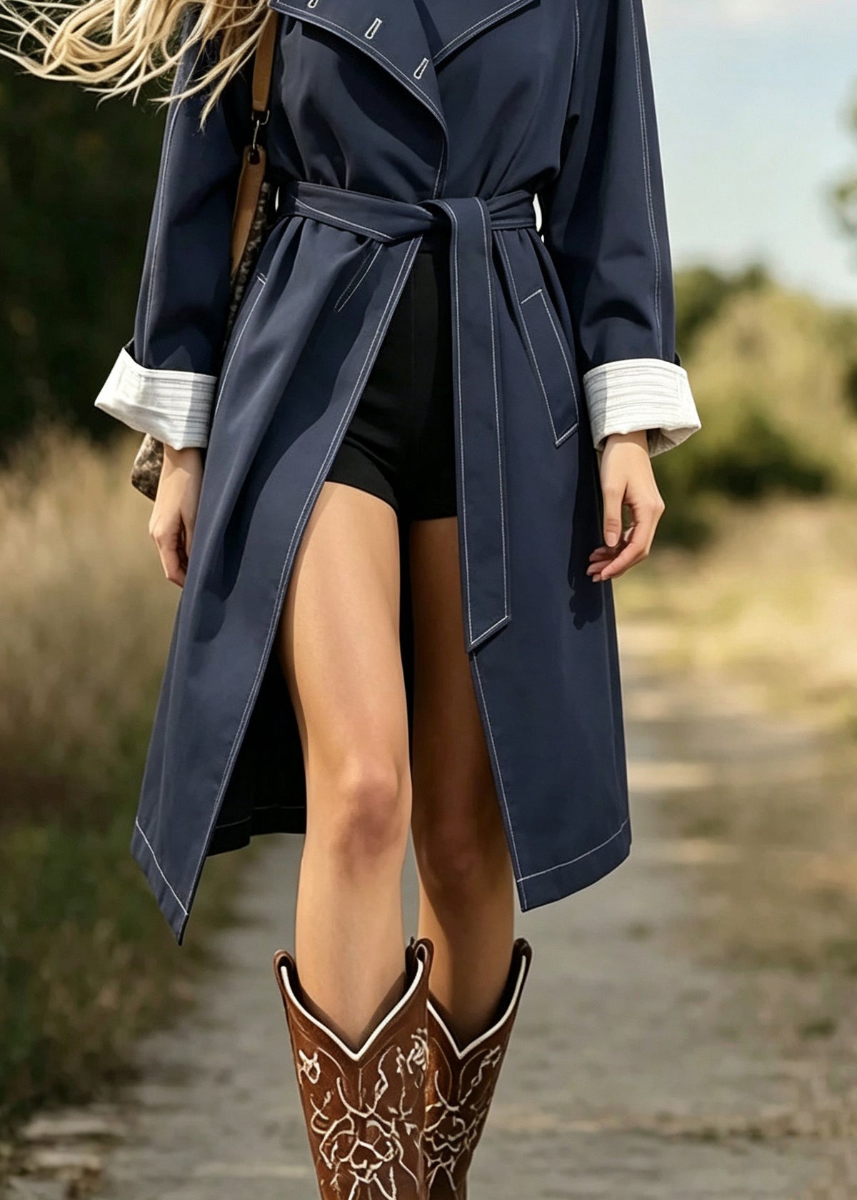 Boutique Navy Patchwork Tie Waist Maxi Trench Coats Long Sleeve