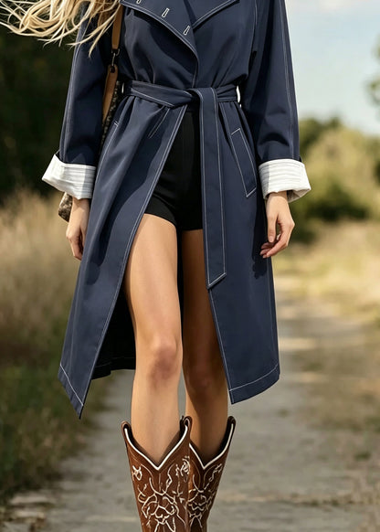 Boutique Navy Patchwork Tie Waist Maxi Trench Coats Long Sleeve