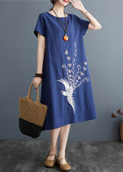 Boutique Navy Phoenix Embroidered Linen Dress Summer