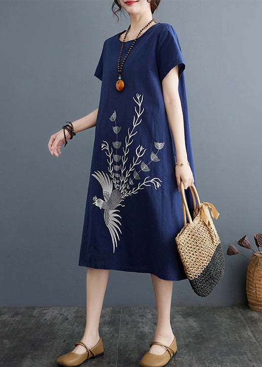 Boutique Navy Phoenix Embroidered Linen Dress Summer