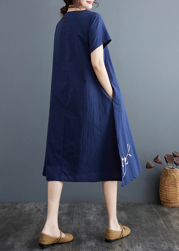 Boutique Navy Phoenix Embroidered Linen Dress Summer