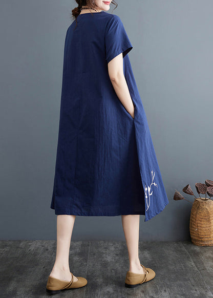Boutique Navy Phoenix Embroidered Linen Dress Summer