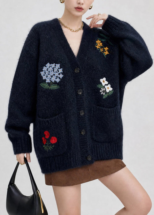 Boutique Navy V Neck Embroidered Pockets Knit Cardigans Fall