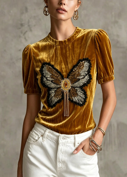Boutique O Neck Butterfly Sequins Zircon Velour Top Summer