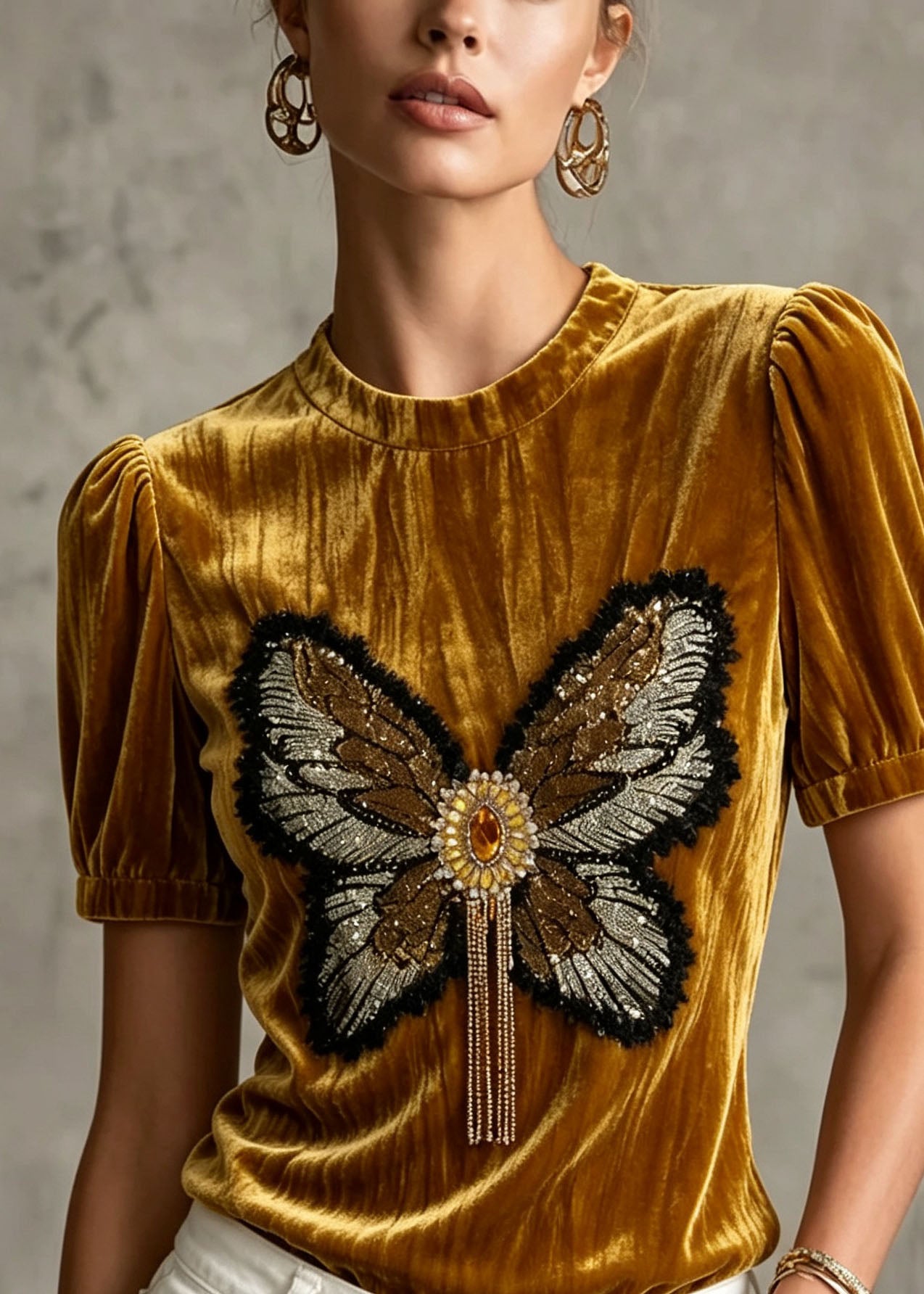 Boutique O Neck Butterfly Sequins Zircon Velour Top Summer