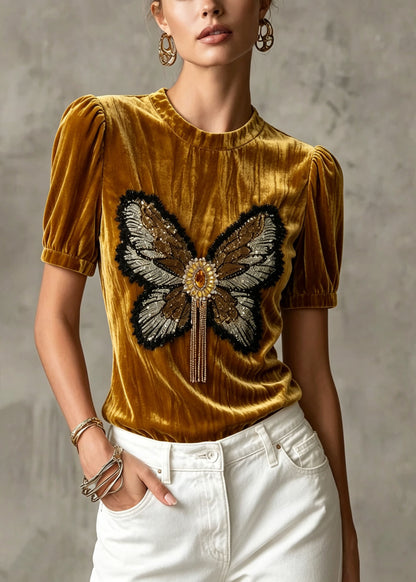 Boutique O Neck Butterfly Sequins Zircon Velour Top Summer
