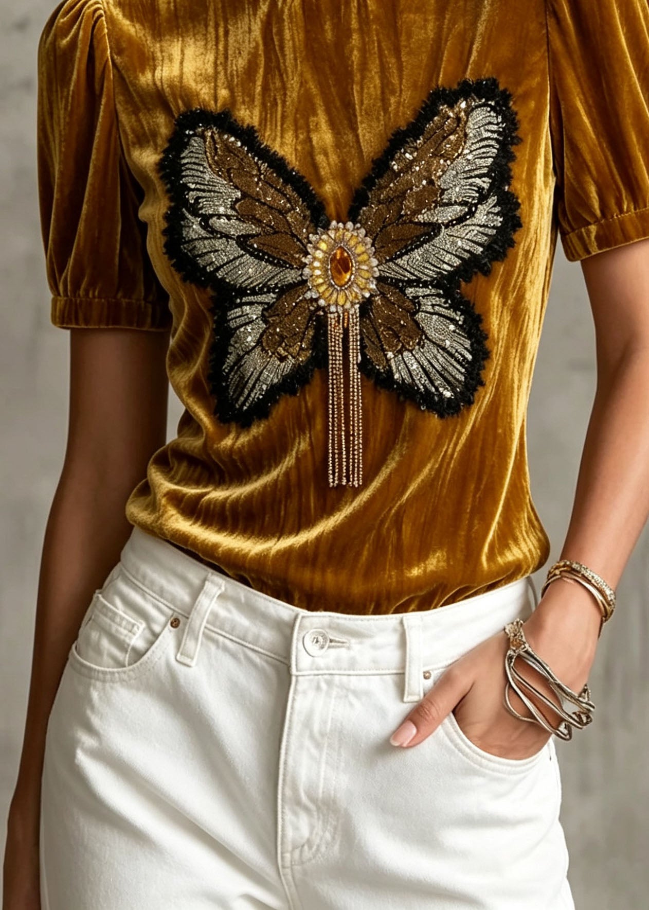 Boutique O Neck Butterfly Sequins Zircon Velour Top Summer