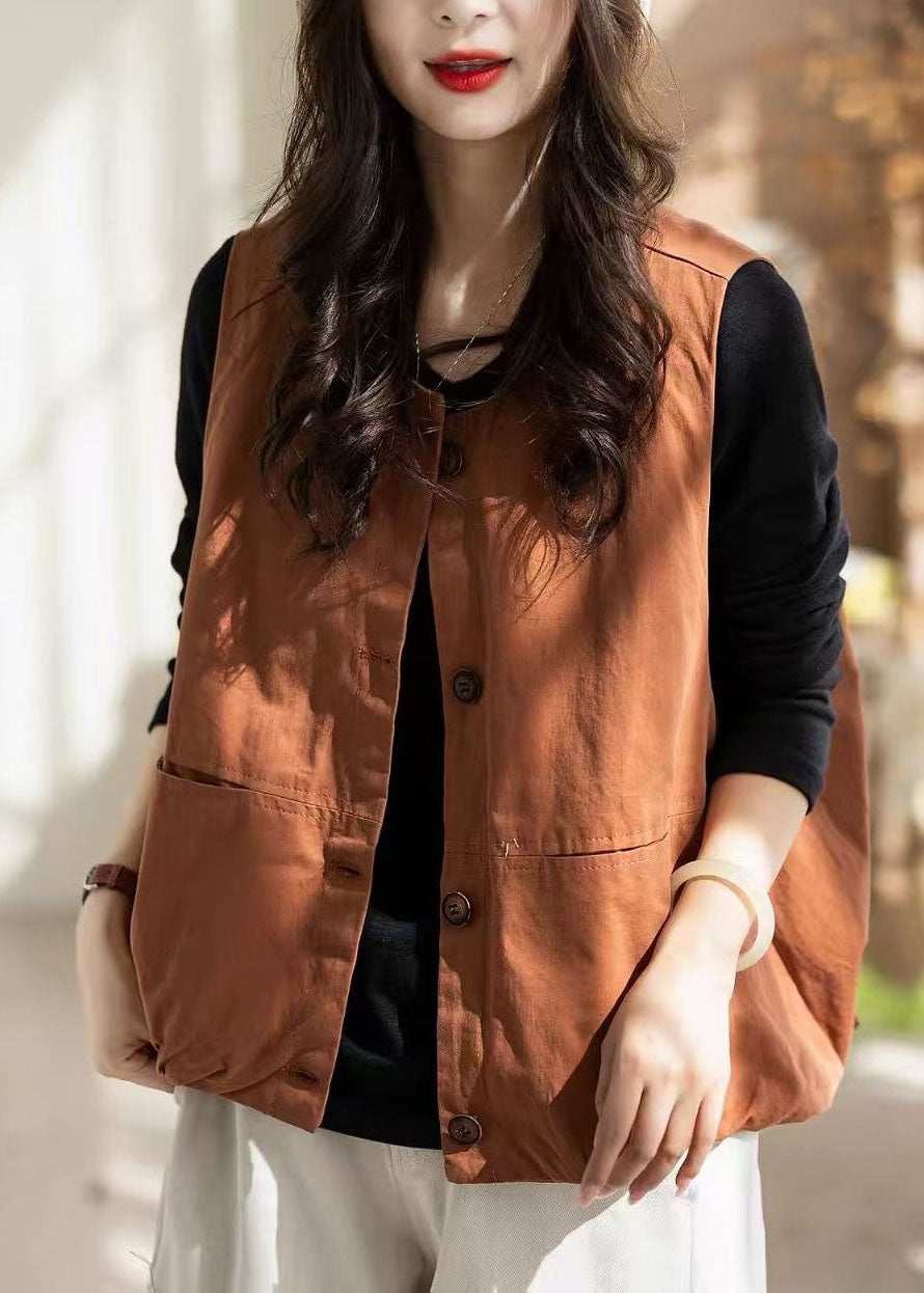 Boutique Orange O-Neck Pockets Button Waistcoat Sleeveless