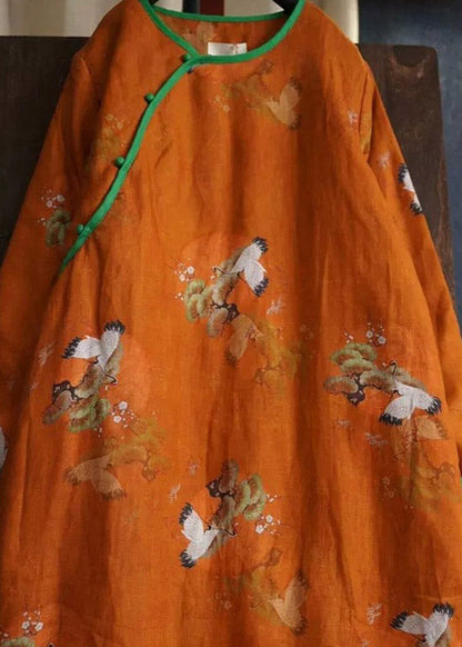 Boutique Orange O-Neck Print Side Open Long Parkas Long Sleeve
