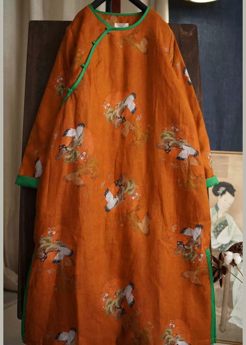 Boutique Orange O-Neck Print Side Open Long Parkas Long Sleeve
