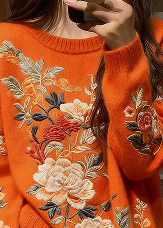 Boutique Orange O Neck Thick Floral Knit Sweaters Winter