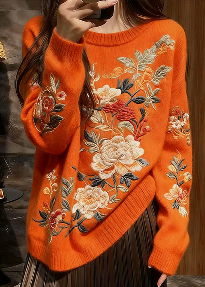 Boutique Orange O Neck Thick Floral Knit Sweaters Winter