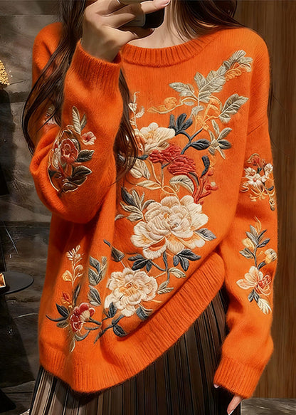 Boutique Orange O Neck Thick Floral Knit Sweaters Winter