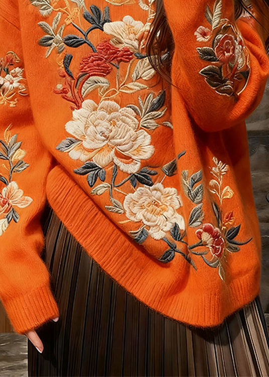 Boutique Orange O Neck Thick Floral Knit Sweaters Winter