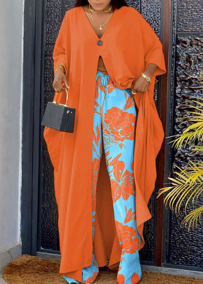Boutique Orange Oversized Side Open Cotton Women Sets 2 Pieces Summer